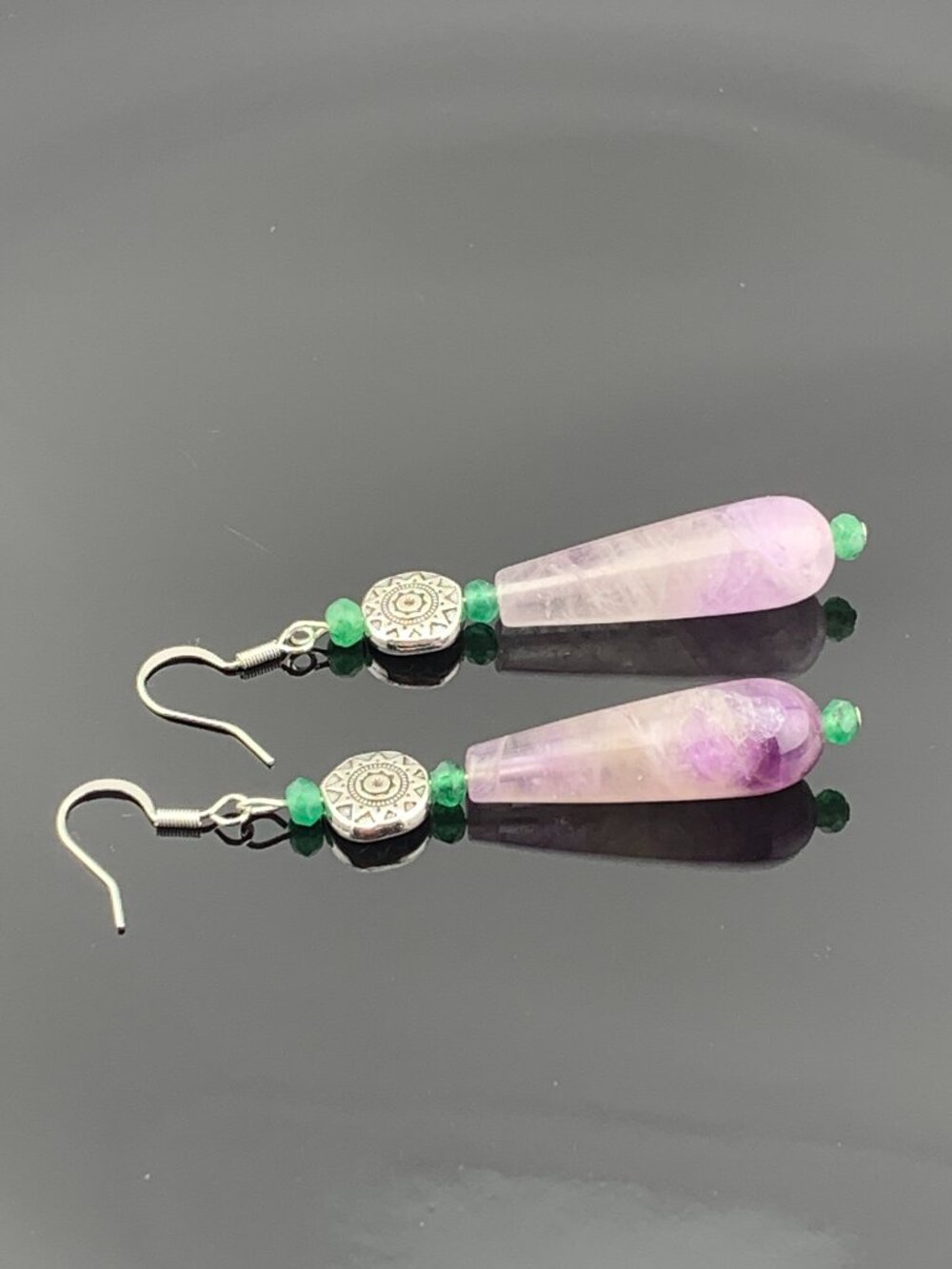 Amethyst Green Chalcedony Silvertoned Gemstone Boho Handcrafted Earrings LR210